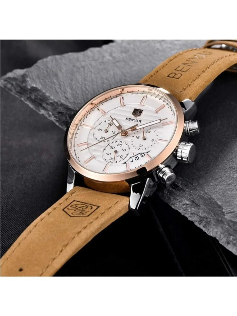 Mens Brown Silver Analog Quartz Leather Strap Chronograph Waterproof Wrist Watch